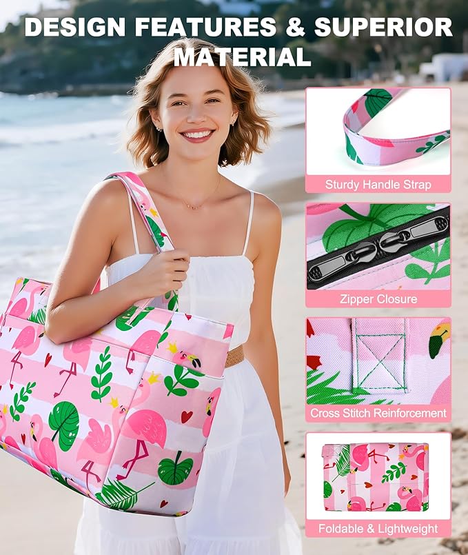 Extra Large Beach Bag Waterproof Beach Totes Bags for Women, Lightweight Foldable Pool Bag with Zipper Wet Compartment