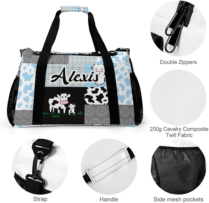Plaid Patchwork Cow Blue Gray Crossbody Bag Waterproof Lightweight Duffel Bag Gym Dance Sport Perform Training Bag for Teens Women Men