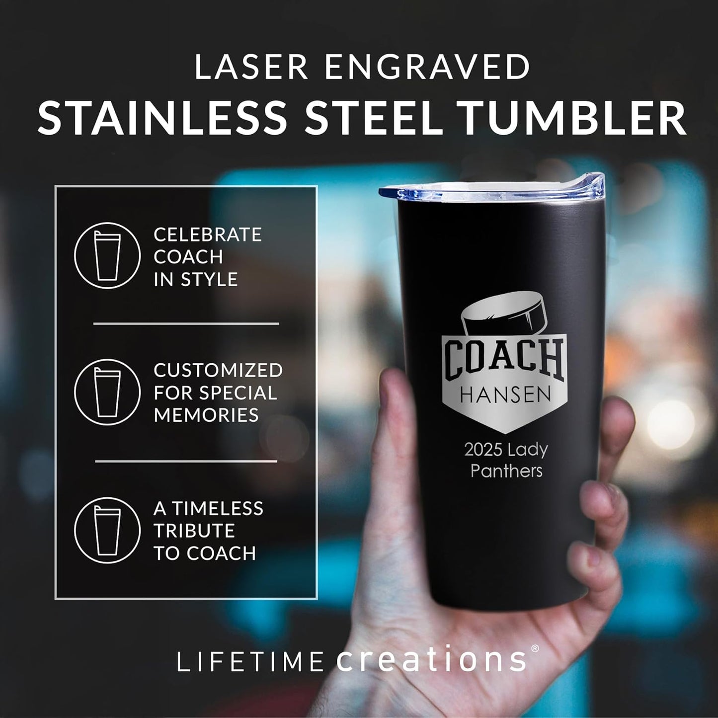 Lifetime Creations Personalized Hockey Coach Tumbler: Custom Hockey Coach Gift, Coaches Coffee Travel Mug from Team, Insulated Engraved Stainless Steel 20 Ounce Cup (White)