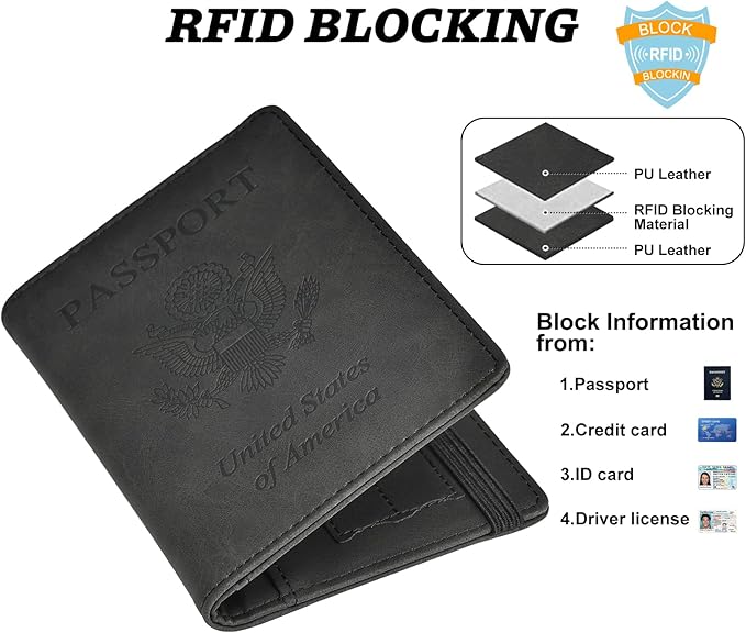 HerriaT Passport and Vaccine Card Holder Combo,Cover Case with CDC Vaccination Card Slot, Leather Travel Documents Organizer Protector, with RFID Blocking, for Women and Men