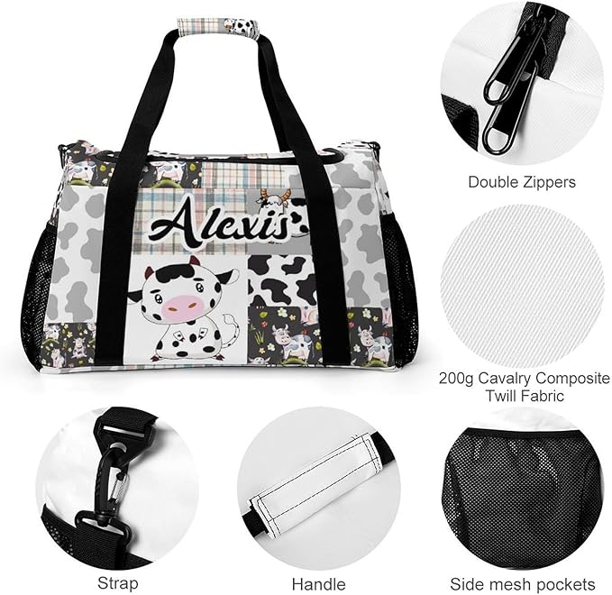 Personalized Name Sports Player Duffel Bags with Adjustable Shoulder Strap for Shoes Silver Gray Patchwork Cow Pattern Handheld Crossbody Travel Bag