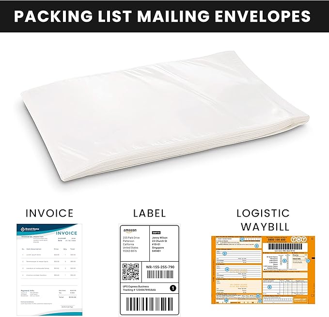 Shipping Label Sleeves 500Pcs, 7.5x5.5 Inches - Packing Slip Envelope Pouches with Self-Adhesive Peel & Seal - Clear Plastic & Waterproof Envelopes Ideal for Invoices & Packaging.