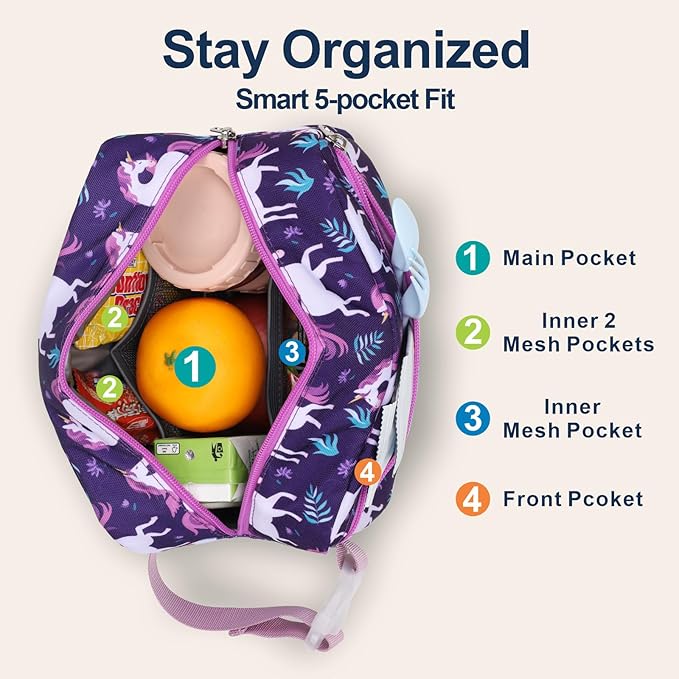 Bagseri Kids Snack Bag Girls - Small Reusable Mini Cooler Pouch, Insulated 3.9L Food Carrier with Buckle Handle for School and Daycare, Fits in Backpack, Deep Purple Unicorn