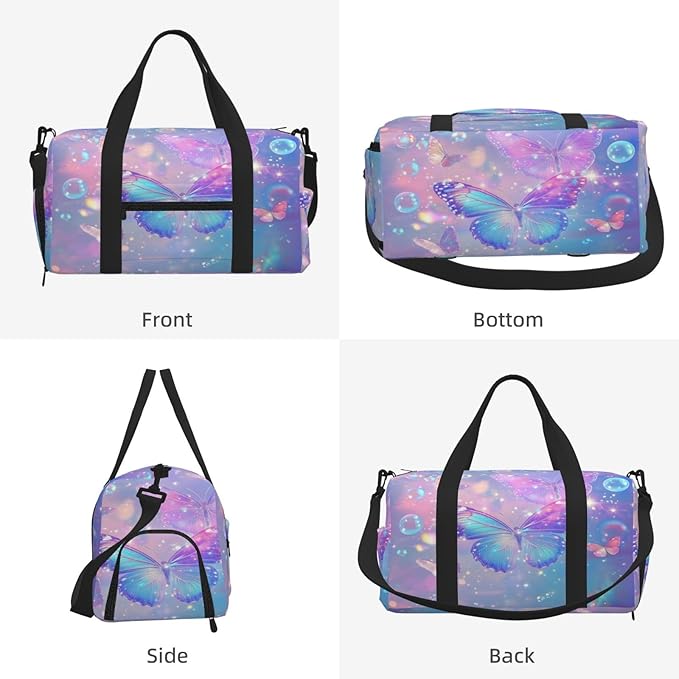 Sports Gym Bag Butterflies Bubbles Glittery Sparkly Travel Duffel Bag With Shoe Compartment Shoulder Strap, Lightweight Water-Resistant Weekend Overnight Totes For Women Men