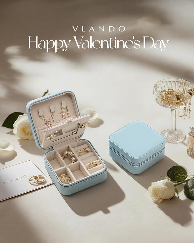 Vlando Teacher Appreciation Graduation Gifts - Small Travel Jewelry Box Organizer - Display Case for Girls Women Gift Rings Earrings Necklaces Storage with Mirror Blue