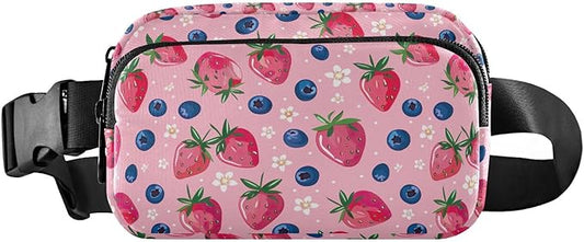 Pink Strawberry Blueberry Fanny Pack for Women Men Water Resistant Fashion Waist Packs with Adjustable Strap Belt Bag for Travel Workout Jogging Hiking 21219430