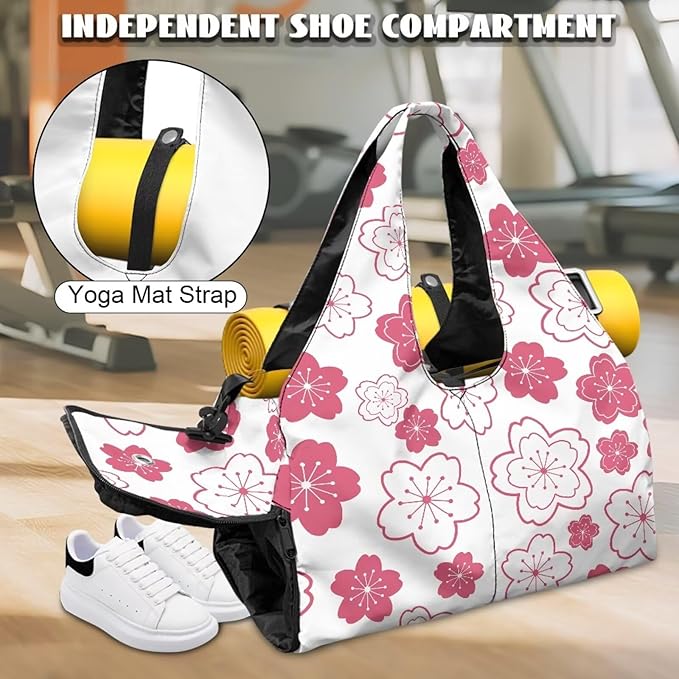 Pink Floral Workout Bag for Women with Yoga Mat Holder and Shoe Compartment Flower Gym Bag Water Resistant Gym Duffel for Swimming, Stylish Fitness Duffel Bag
