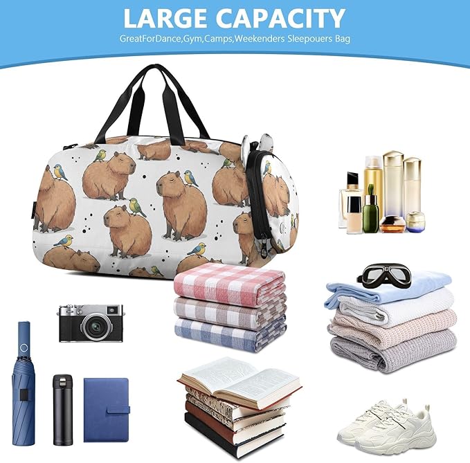 Capybara Bird White Pattern Kids Sports Duffle Bag for Boys Girls Toddler Weekender Overnight Bag with Shoe Compartment & Wet Pocket Kids Carry On Shoulder Bag for Travel Gym Sport Dance