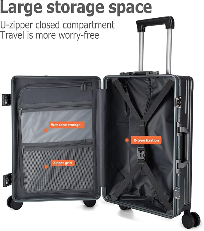 feilario Aluminium Frame PC Hard Shell Spinner Wheels Luggage,22.5"X15"X9.5" Airline Approved Built-In TSA lock Carry on Suitcase, with Cup Holder, USB Port, Phone Holder