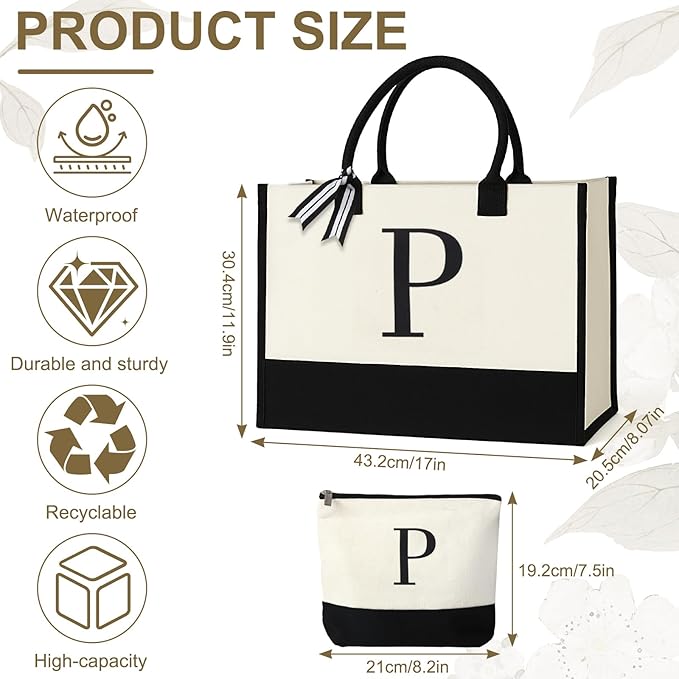 Personalized Canvas Tote Bag for Women Makeup Pouch Initial Beach Bag Removable Bottom Board for Travel Birthday