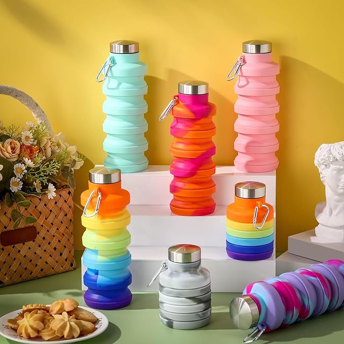 Sunnyray Collapsible Water Bottles Bulk Foldable Water Bottles 17oz Silicone Portable Leak Proof Reusable Sports with Clip for Travel Hiking Camping Outdoor(Tie-dye,20 Pack)