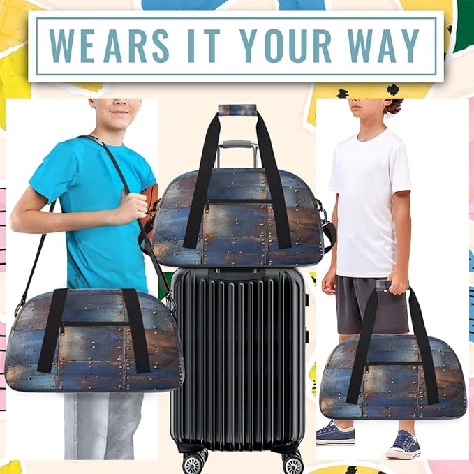 Kids Duffle Bag Girls Boys Rustic Metal Iron Plate Effect Weekender Overnight Bag,Lightweight Duffel Bags for Traveling Gym Sport Dance