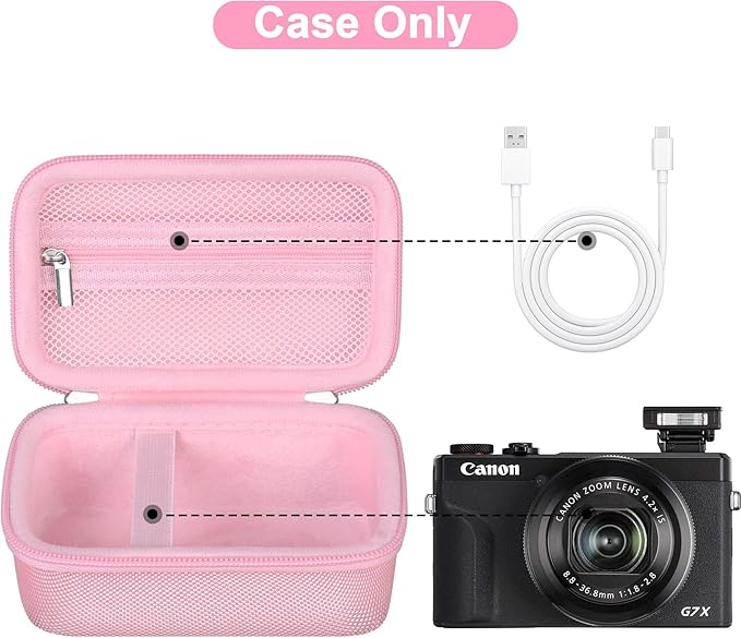 Canboc Camera Case for Canon PowerShot G7 X Mark III/ G7X Mark II Digital 4K Vlogging Camera, Point and Shoot 4K Video Camera Bag, Zipper Mesh Pocket fits USB Cable, Batteries, Pink
