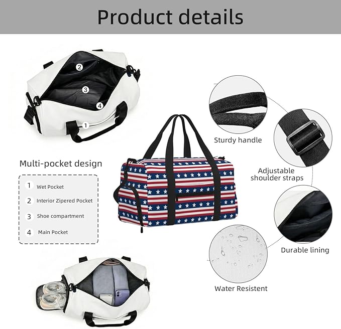 stars-and-lines Print Gym Bag with Shoe Compartment for Women Men, 17.7in Sports Duffle Weekender Tote, Overnight Travel Duffel Bag Carry On