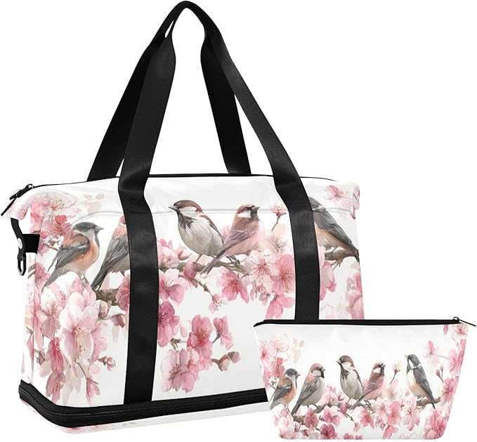 Travel Duffel Bags for Women Cute Songbirds on Cherry Blossom Branch Sports Duffel Bags Gym Bags with Shoes Compartment Tote Bag Weekender Bag for Travelling
