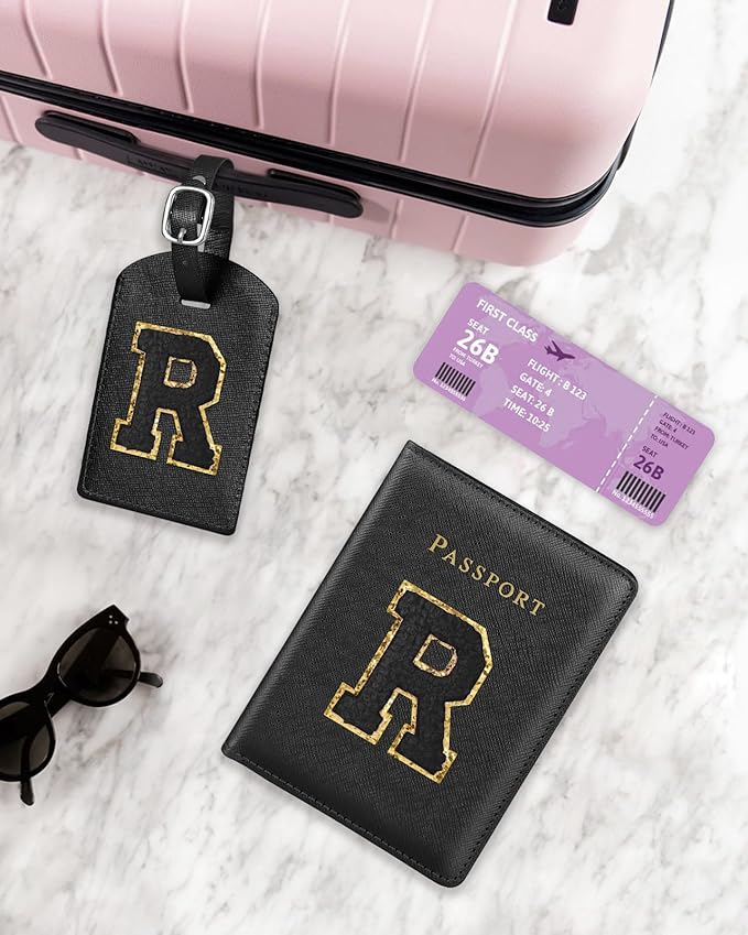 Slohif Passport Holder Initial Lugguage Tag Set Suitcase Cover Wallet Case for Travel Women - Leather Letter Passport Book Personalized Organizer Card Protector Sleeve Essentials Slim Carrier Black R