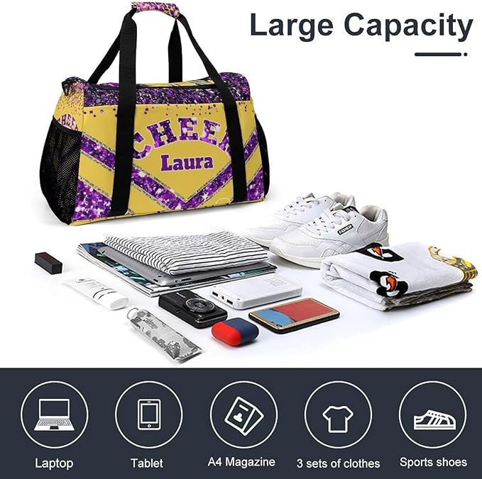 Personalized Cheer Bag Gifts for Girls Sport Cheerleading Gym Travel Duffel Bag Overnight Weekender Bags with Name (Yellow Purple)