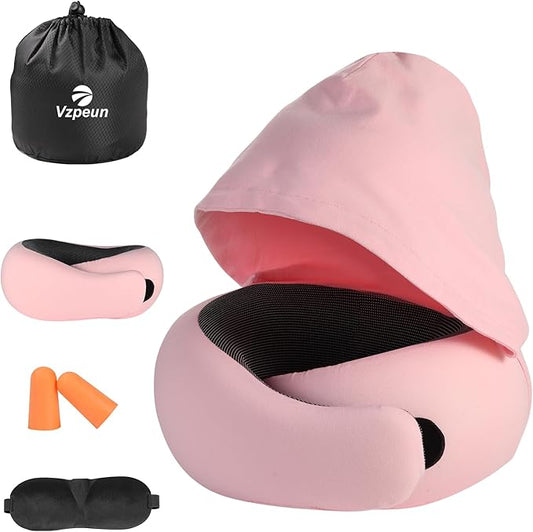 Travel Pillow - Hooded Neck Pillow Airplane Memory Foam Filling for Plane, Office, Cars Sleeping, Road Trip, Long Flights, Portable Plane Accessories, Includes Eye Mask & Earplugs (Pink)