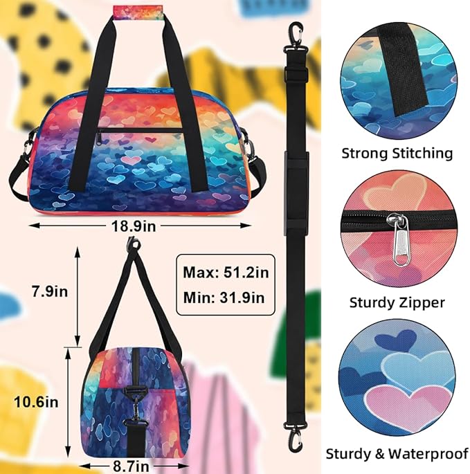 Duffle Bag for Women Men, Rainbow Gradient Hearts Gym Bag for Travel Sports, Lightweight Waterproof Weekender Overnight Bags with Adjustable Strap
