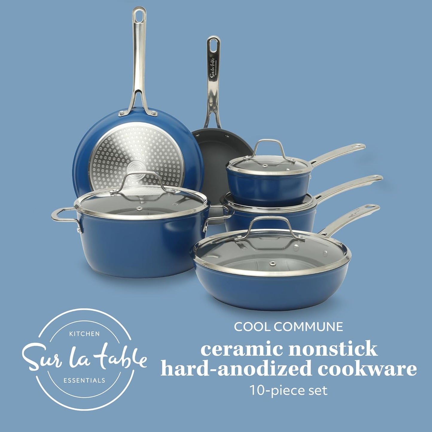 Sur La Table Kitchen Essentials Cool Commune Hard Anodized 10 Piece PFA Free Ceramic Non stick Interior Forged Durable Aluminum Pots and Pans Cookware Set - Blue - Induction Compatible