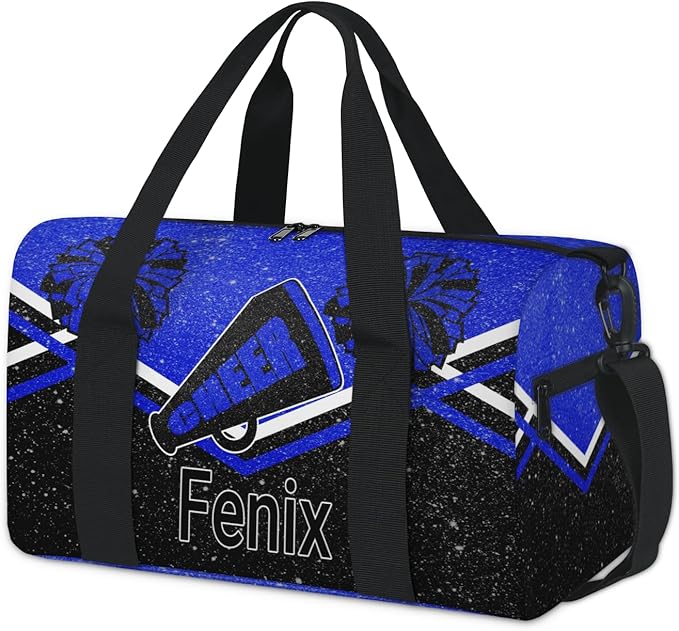 Custom Cheerleading Bag with Name, Personalized Large Sports Duffle Gym Bag for Travel, Cheerleader Royal Blue with Glitters Effect