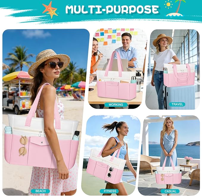 Beach Bags for Women Large Canvas Beach Tote with Zipper Wet Pocket, Waterproof Foldable Swim Pool Travel Tote Bags
