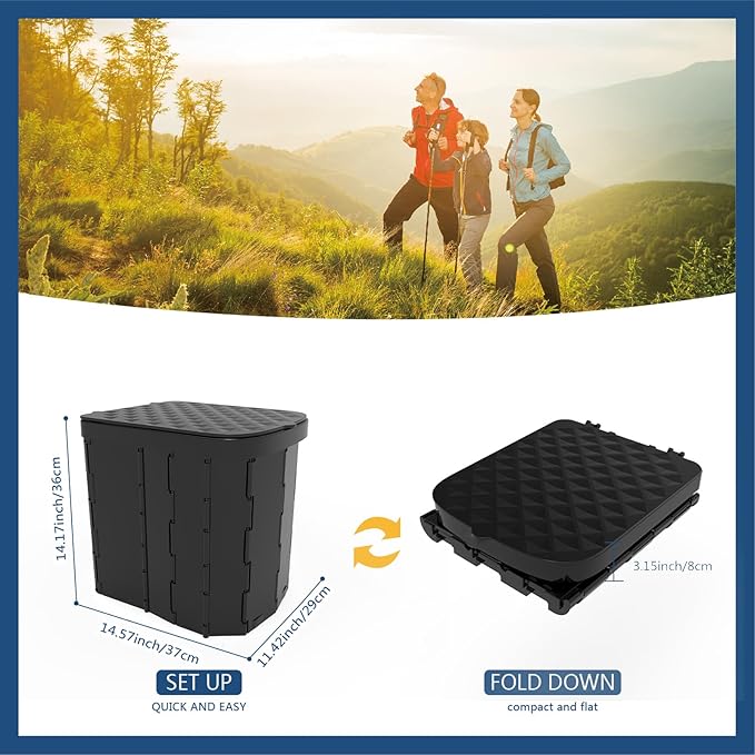 XL Portable Folding Camping Toilet - Travel Potty for Adults, 12 Toilet Bags, 12 Pack Liquid Waste Gel, Black