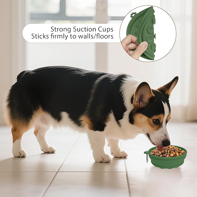 2-Pack Collapsible Dog Bowls with Suction Cups & Scraper - 16oz Travel Pet Bowls for Food/Water, Non-Slip Feeding Dish for Dogs, Includes Carabiner Clip Grey&Olive Green