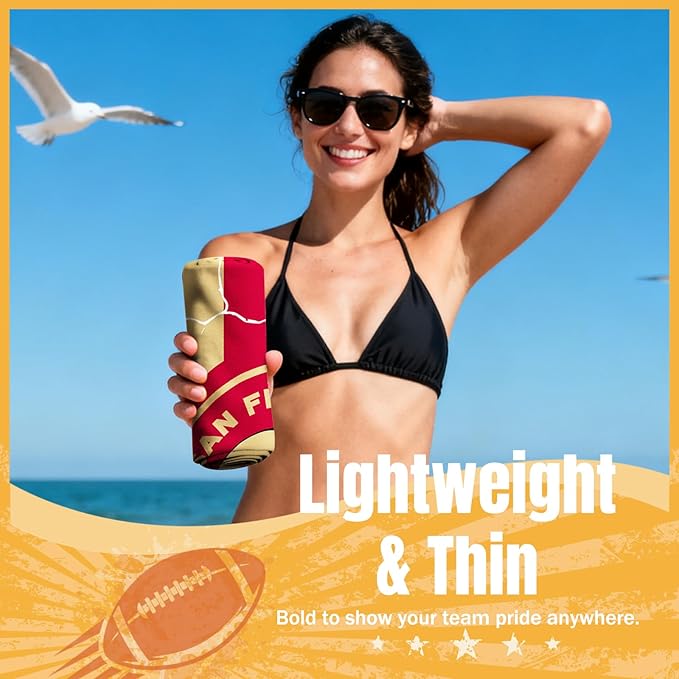2 Pack Football Fan Thin Lightweight Microfiber Beach Towel San Francisco Themed Sand Free Oversized Quick Dry Towels Men Women Gear 49er Team Dad Husband Guy Him Xmas Father Gag Funny