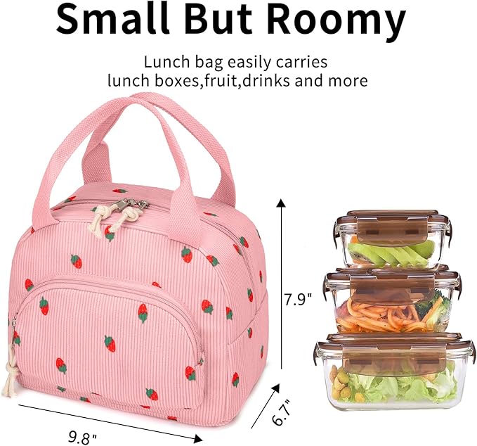 Lunch Bag Women Lunch Box for Women Adult Cute Insulated Lunch Bag Small Cooler Lunch Tote Bags for Work Picnic School (Pink-Strawberry)
