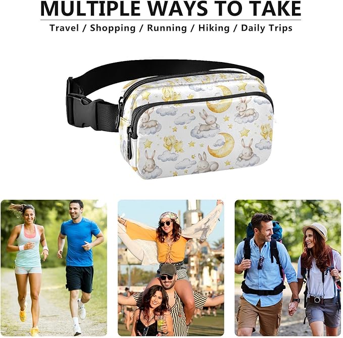 Kawaii Bunnies Clouds Moon Fanny Pack for Women Men Water Resistant Fashion Waist Packs with Adjustable Strap Belt Bag for Travel Workout Jogging Hiking 21219515