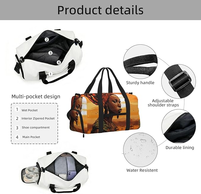 Sports Gym Bag Ethnic African Woman Pattern Travel Duffel Bag With Shoe Compartment Shoulder Strap, Lightweight Water-Resistant Weekend Overnight Totes For Women Men