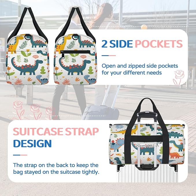 Funny Dinosaur Pattern Travel Duffle Bag for Women Men, Overnight Weekender Bag, Carry on Tote for Sport Gym
