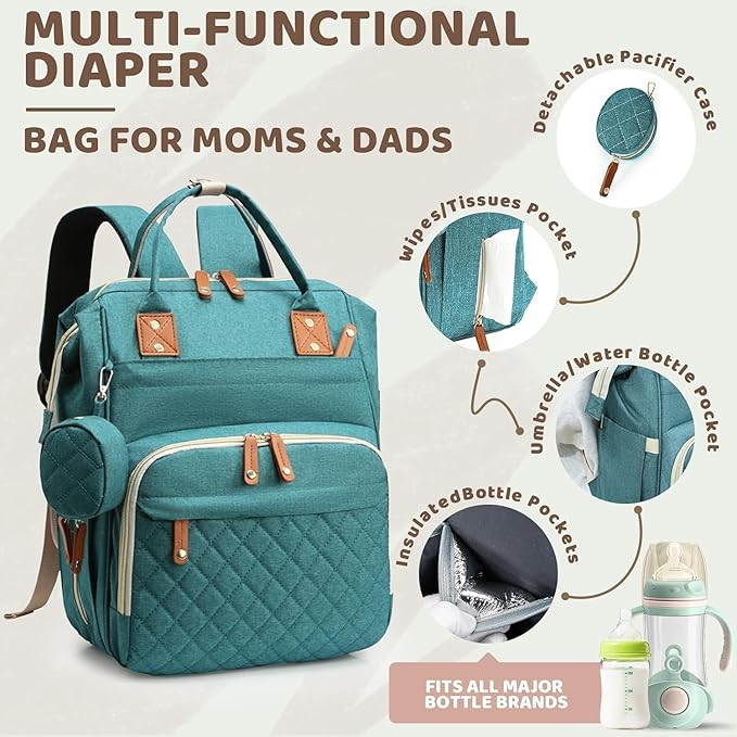 Diaper Bag Backpack for Girls Boys: Green Toddler Diaper Bag with Changing Pad Baby Backpack Diaper Bag for Mon Dad Newborn Mochila Pañaleras Bebe（without Changing Station）