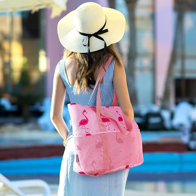 KABAQOO Large Beach Bag Waterproof Sandproof Tote Bag for Women with Zipper & Mesh Pockets for Pool Swim Travel Everyday