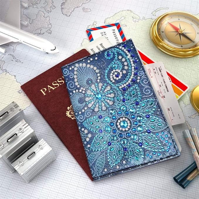2 Pieces Diamond Painting Leather Passport Holder, DIY Special Shaped Crystal Painting Travel Passport Protective Cover for Boarding Pass, ID Card, Driver's License-20X14CM (AA085-AA220)