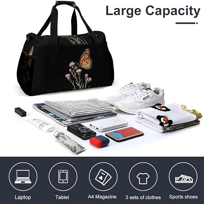 Monarch Butterflies Aspen Thistle Duffle Bag Gym Bag for Workout Travel Tote with Detachable Straps