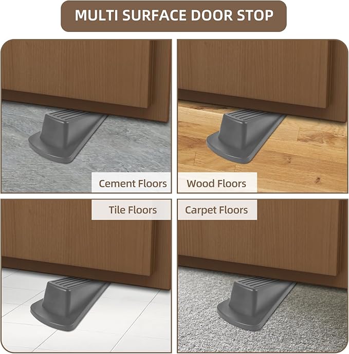Door Stoppers for Bottom of Door on Floor, Premium Rubber Door Stopper Wedge, Floor Sturdy Stackable Door Stops for Carpet Heavy Duty Door (Gray, 2 Pack)