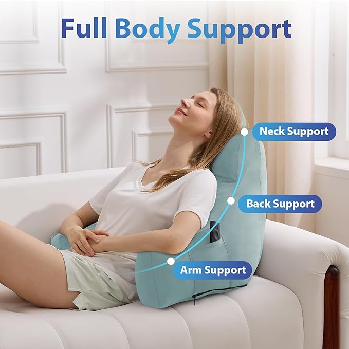 Back Pillow for Bed Sitting up, Reading Pillow for Sitting in Bed Adult, Back Support Pillow, Memory Foam Sit up Lounge Backrest Pillow with Arms for TV, Couch, Chair, Dorm, 18 Inch, Lake Blue