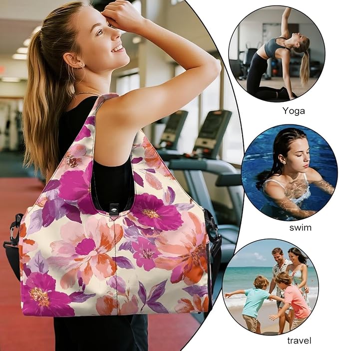 Vintage Floral Duffle Bag Women with Shoe Compartment and Yoga Mat Holder Pink Sports Duffel Bag with Wet Pockets for Women, Stylish Portable Fitness Sport Tote Bag