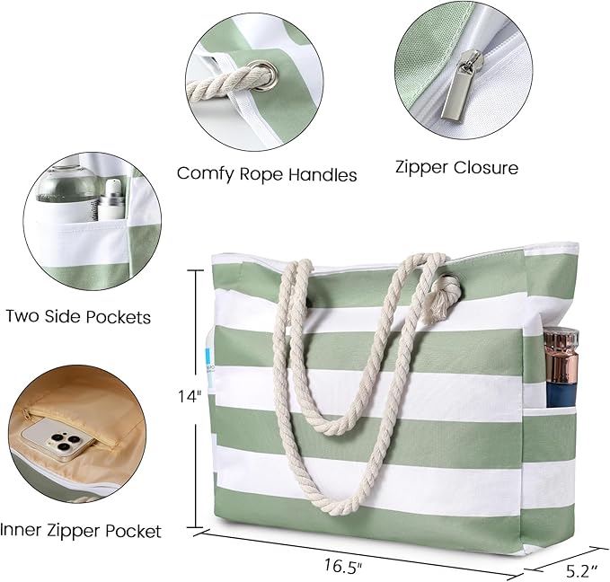 Clothirily Beach Bag for Women - Large Beach Tote Bag, Waterproof Sandproof Beach Bag with Zipper, Large Swim Pool Beach Tote