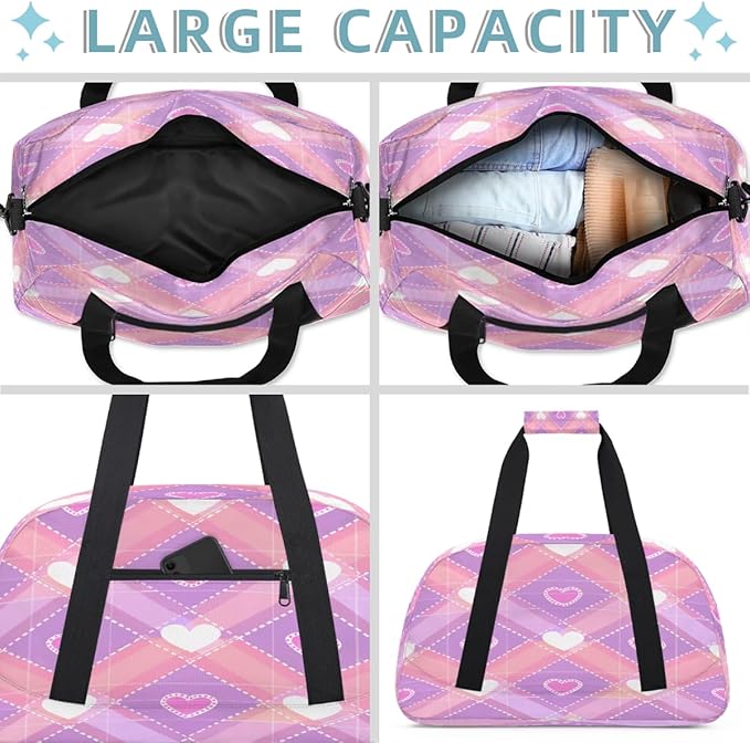 Gym Bag for Women Men, Pink Heart Diamond Travel Duffle Bags for Dance Ballet Overnight, Carry-On Weekender Bag with Detachable Shoulder Strap