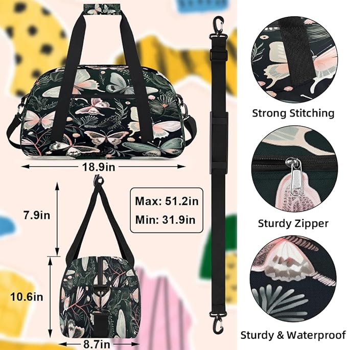 Sports Duffel Bags, Pink Green Butterfly Water-Resistant Gym Duffle Bag for Men Women, Lightweight Weekender Overnight Bag for Fitness, Workout, Travel