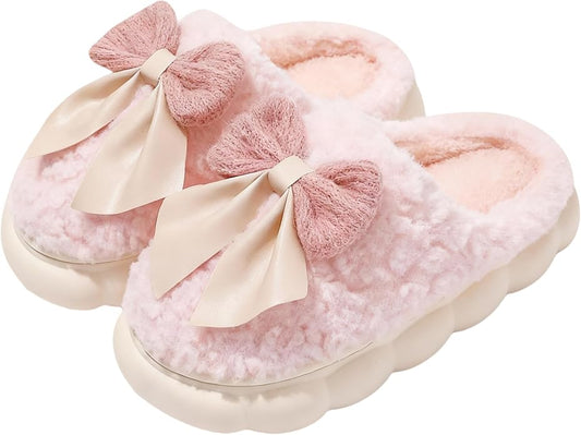Cute Bow Slippers for Women, Womens Fuzzy Fluffy Cozy Indoor Outdoor House Slippers