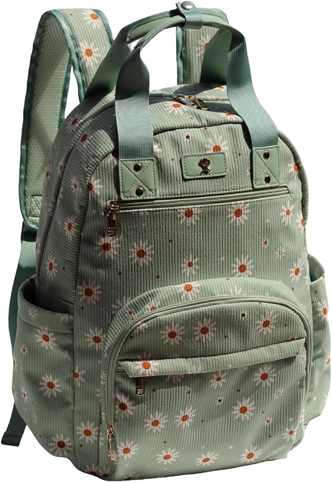 Diaper Bag Backpack, Large Capacity Multifunction Baby Essentials Fashion Travel Pack Linen Canvas office Laptop Bag (Corduroy Matcha Daisy)