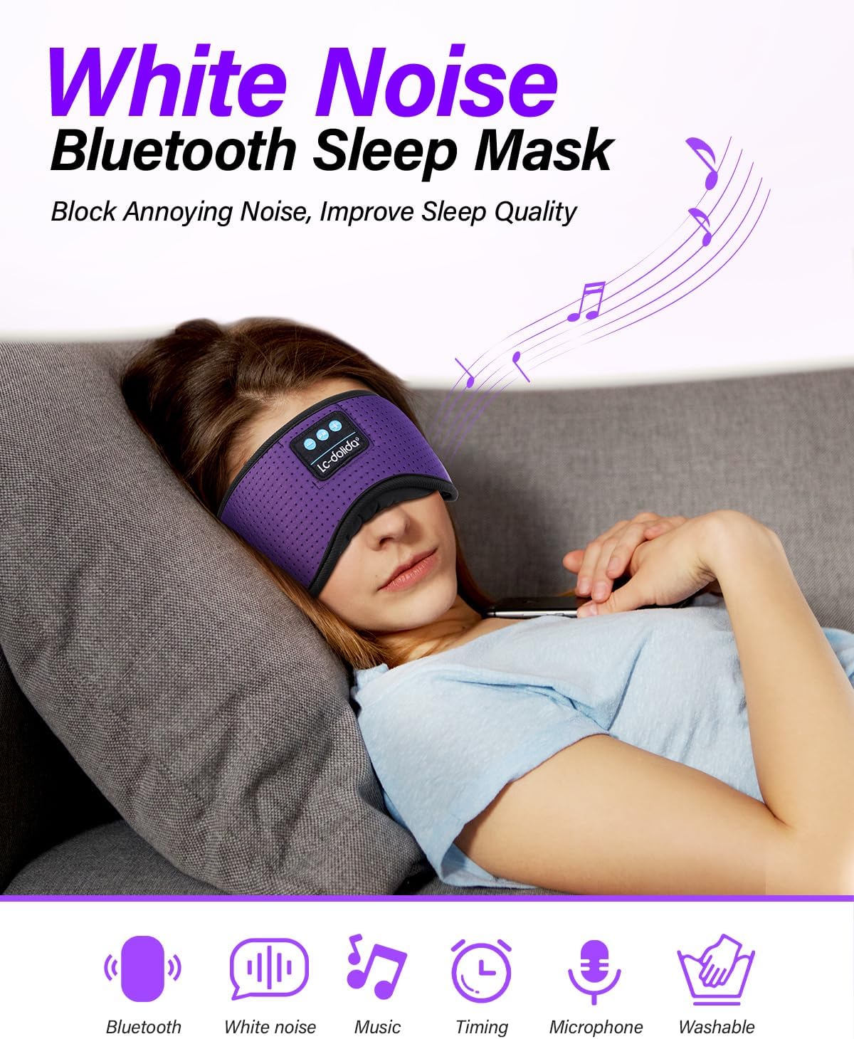 LC-dolida Sleep Headphones, White Noise Bluetooth Sleep Mask 3D Breathable Wireless Eye Mask for Timing, Sleep Mask with Bluetooth Headphones for Side Sleepers Travel Yoga, Cool Gadgets for Women Men