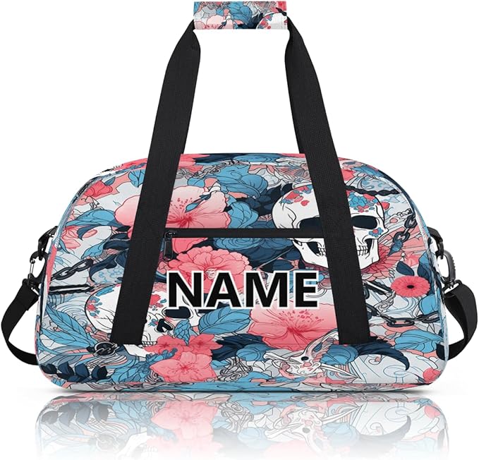 Sugar Skull Mini Gym Bag 18 inch for Women Men Waterproof Custom Skull and Flowers Travel Duffel Bag Carry On Overnight Tote Nurse Bag for Work Fitness Hiking