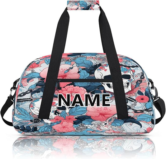 Sugar Skull Mini Gym Bag 18 inch for Women Men Waterproof Custom Skull and Flowers Travel Duffel Bag Carry On Overnight Tote Nurse Bag for Work Fitness Hiking