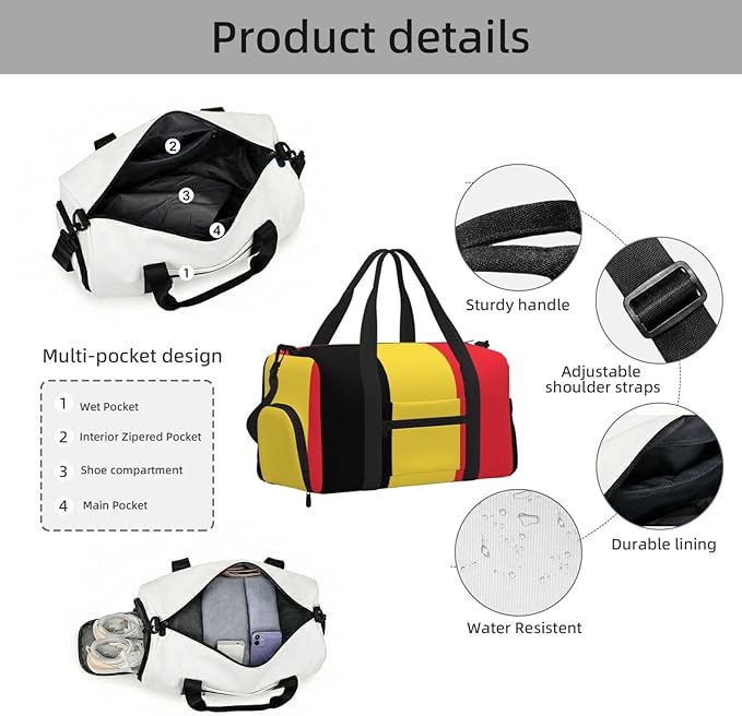 Flag of Belgium Print Gym Bag with Shoe Compartment for Women Men, 17.7in Sports Duffle Weekender Tote, Overnight Travel Duffel Bag Carry On