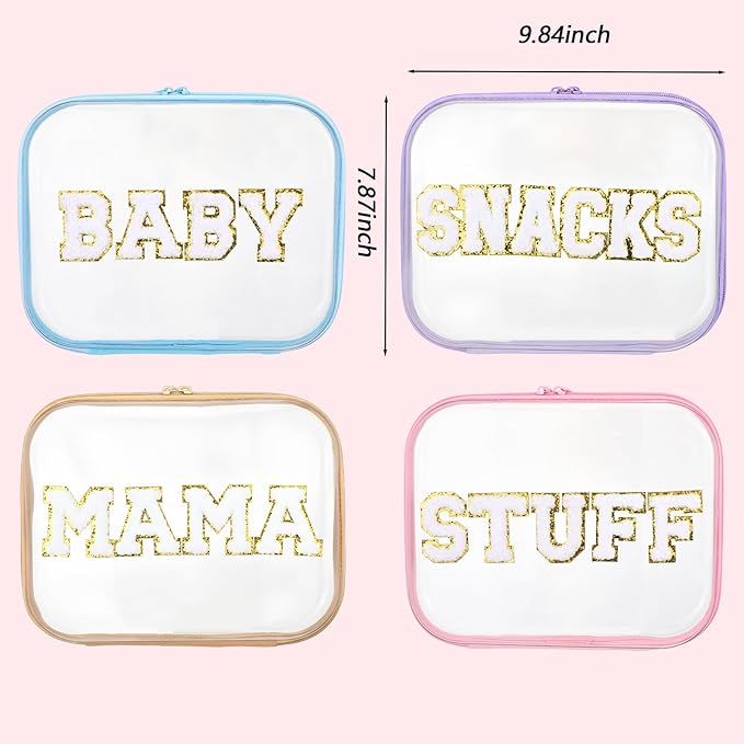 Thinkday 4 Pcs MAMA and BABY Hard Shell Zipper Case Set with Chenille Letters, 9.8 Inch Plastic Zipper Pouch for Travel Organizer, Portable Cosmetic & Snack Storage, Gift for Mom Women, 4 Colors